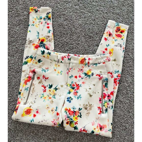 NWT Zara Stretchy Off-White Floral Pants w/Zippers - Picture 1 of 8
